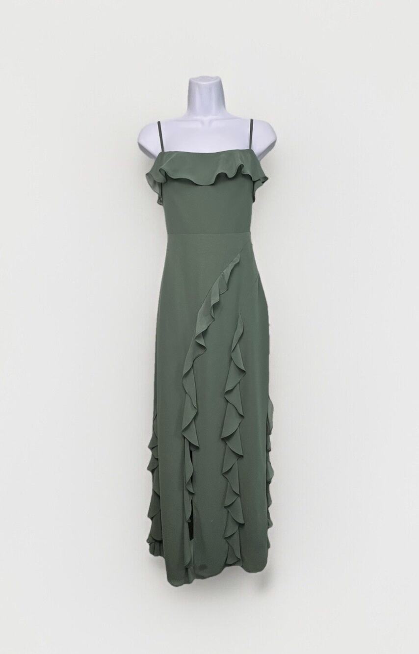 Azazie x Barbie 1001 Chiffon Ruffle Column Maxi Dress A0 Sage Green